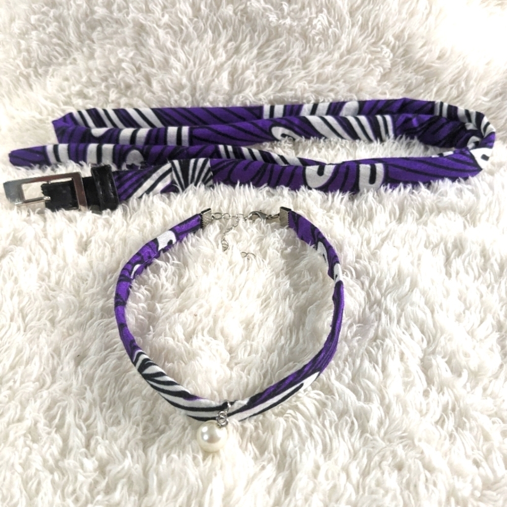 Upcycled Hand Crafted Matching Choker and Belt Set. Purple/White/Black.